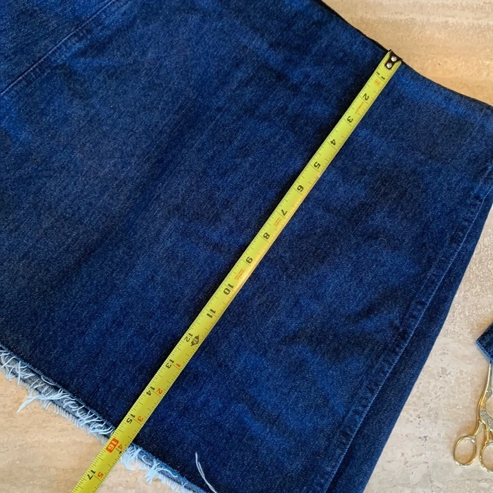 “Kintsugi” style OOAK SKIRT, Women's 8 gold embellishment, wrap, denim, raw hem.